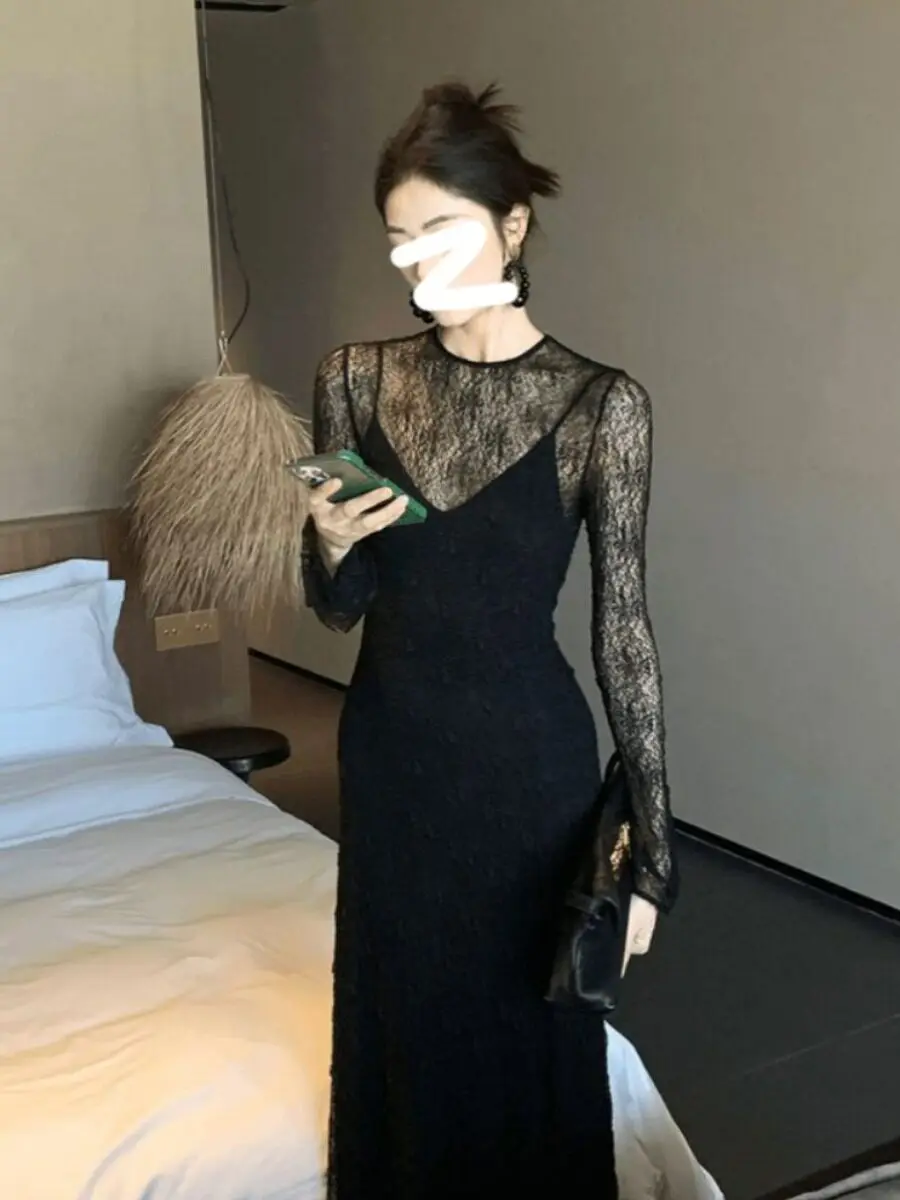 

Spring 2026 Elegant Lace Hollow out Strap Dress Sexy Two Piece Set Women's Fashionable Casual round Neck Long Sleeve Polyester