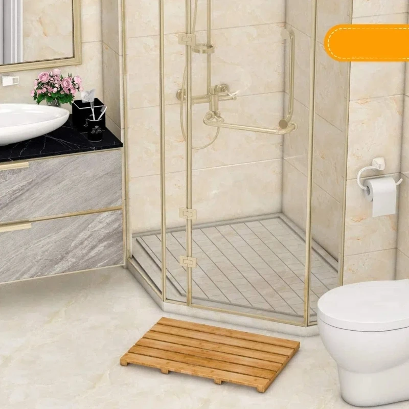 Shower Storage Mat with Slatted Bath Platform and Raised Support Feet for Shower Area, Sink Side, and Tub Side Use Y5GB