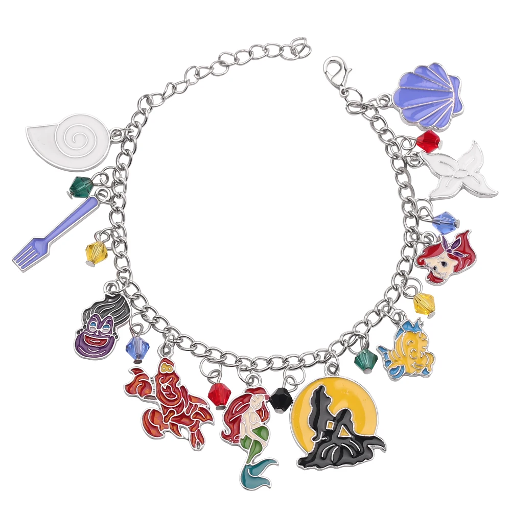 Classic Animated Movie The Little Mermaid Metal Enamel Pendant Bracelet Princess Ariel Sebastian Cartoon Charm Bracelet For Girl