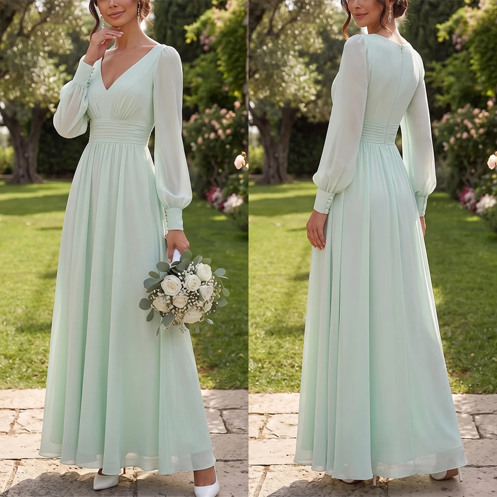 Customized V-neck Ankle Length Full Sleeves A-line Weddding Party Dress Robe De Soirée Femme Chic Vestido De Festa De Casamento