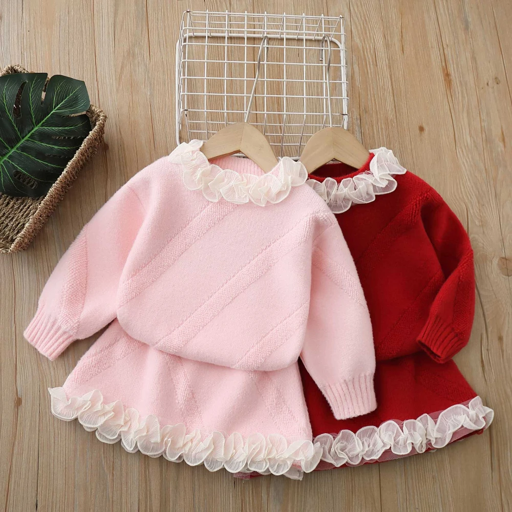 Autumn Winter Girl Sweater Mini Skirt Set Knitted Suits Lace Ruffled Baby Toddler Kids Clothes Elegant Princess Outfit Knitwear 5