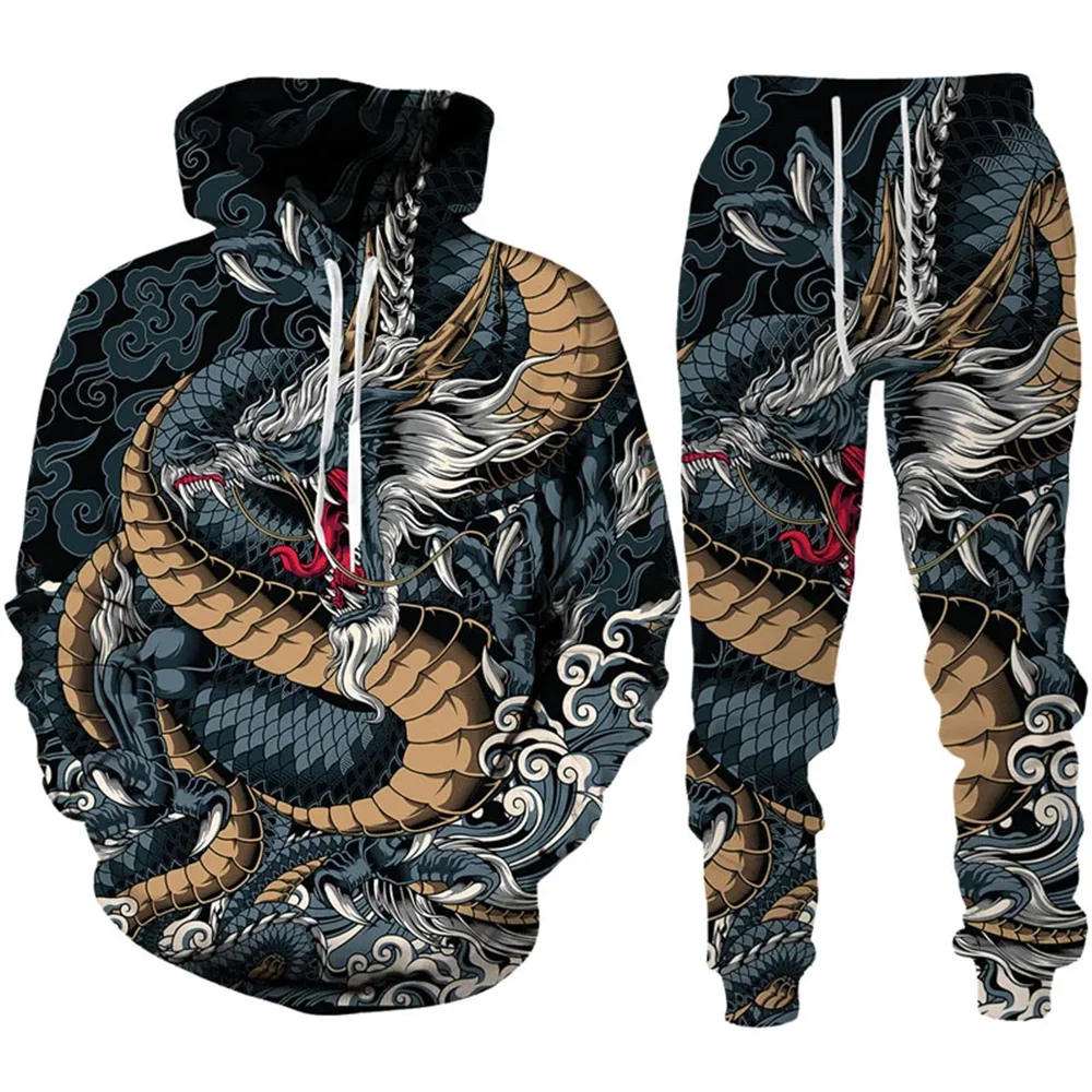 Nuevo Vintage Animal dragón León conjuntos con capucha hombres chándal Y2k 3D impreso Casual sudadera pantalones conjunto ropa informal estilo Hip Hop