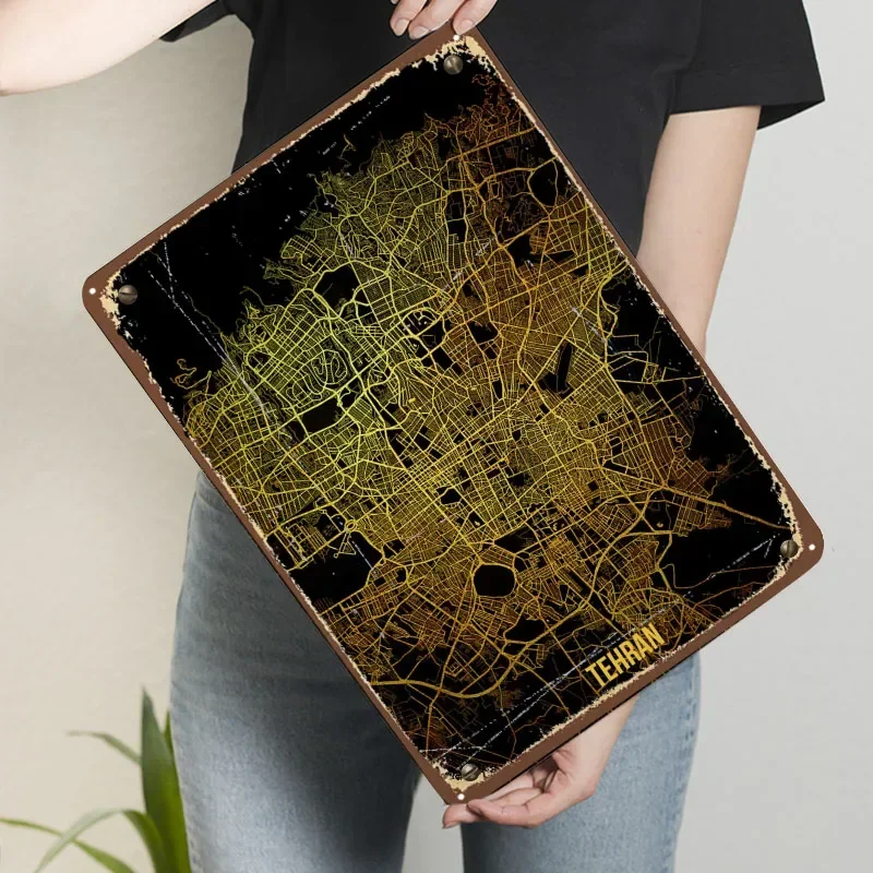 طهران الذهب خريطة ملصق خريطة علامة معدنية مقهى بار اكسسوارات مخصصة القصدير ل جدار الفن الديكور عناصر ديكور المنزل الرجعية #3