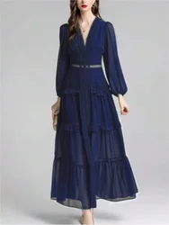 Ruffle Patchwork Maxi Womens Dresses Sexy Deep V-Neck Lantern Long Sleeve Hollow Out High Waist Dresses Lady Chic Split Robes