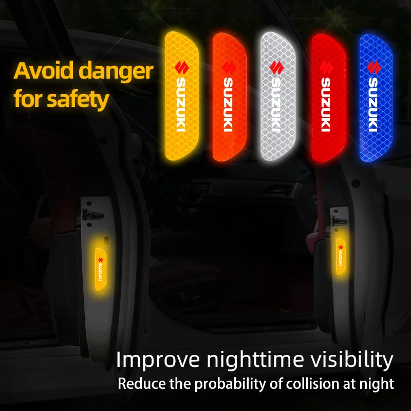 Pegatina de advertencia de seguridad para puerta de coche, calcomanía reflectante de marca para Suzuki Jimny Swift Samurai Vitara SX4 Alto Kaiser Ingnis DZire, 4 Uds.