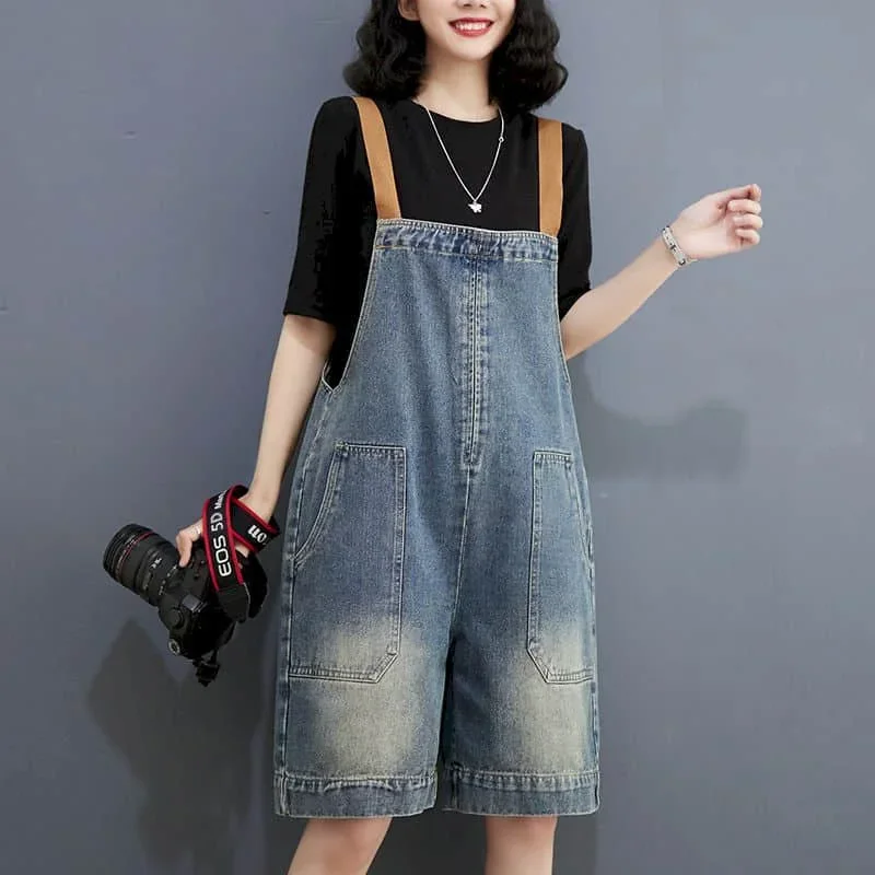 

Jumpsuits for Women Denim Vintage Casual Korean Fashion Solid Playsuits Loose Wide Leg Shorts One Piece Outfit Women Clothing