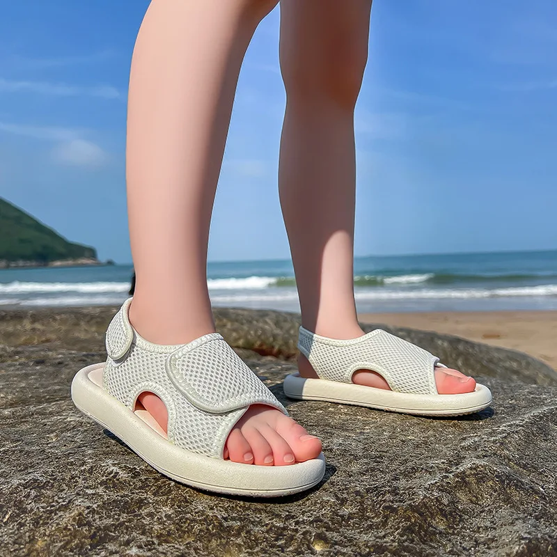 

Children Beach Shoes for Girls Versatile Mesh 2023 New Soft Boys Sandals Open-toe Hook & Loop Kids Fashion Solid Color Korean