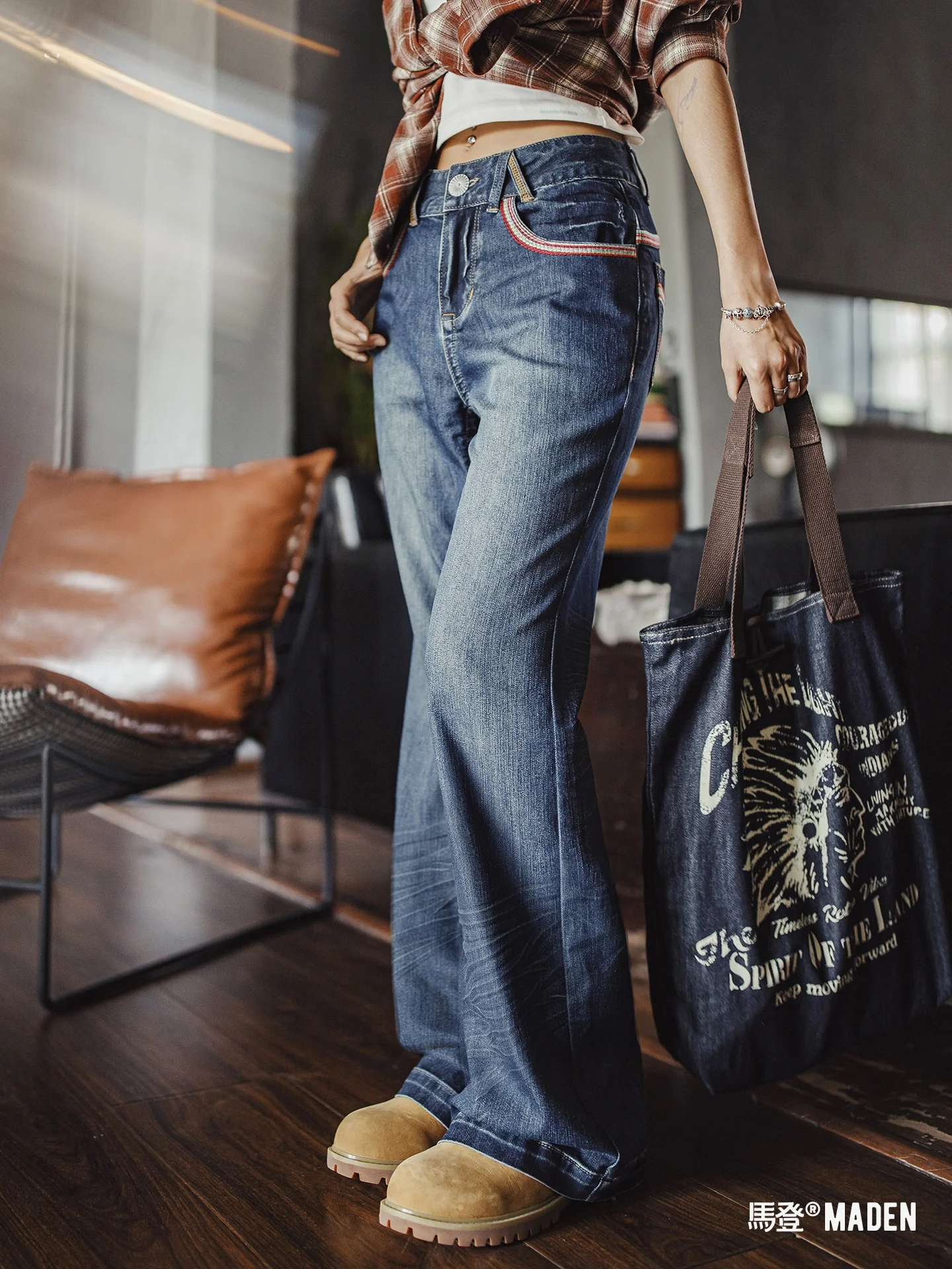 

Maden американские ретро джинсовые сапоги с широкой талией и водной талией, прямые нескользящие сапоги-колокольчики, женские осенние джинсы из хлопка, стрейч