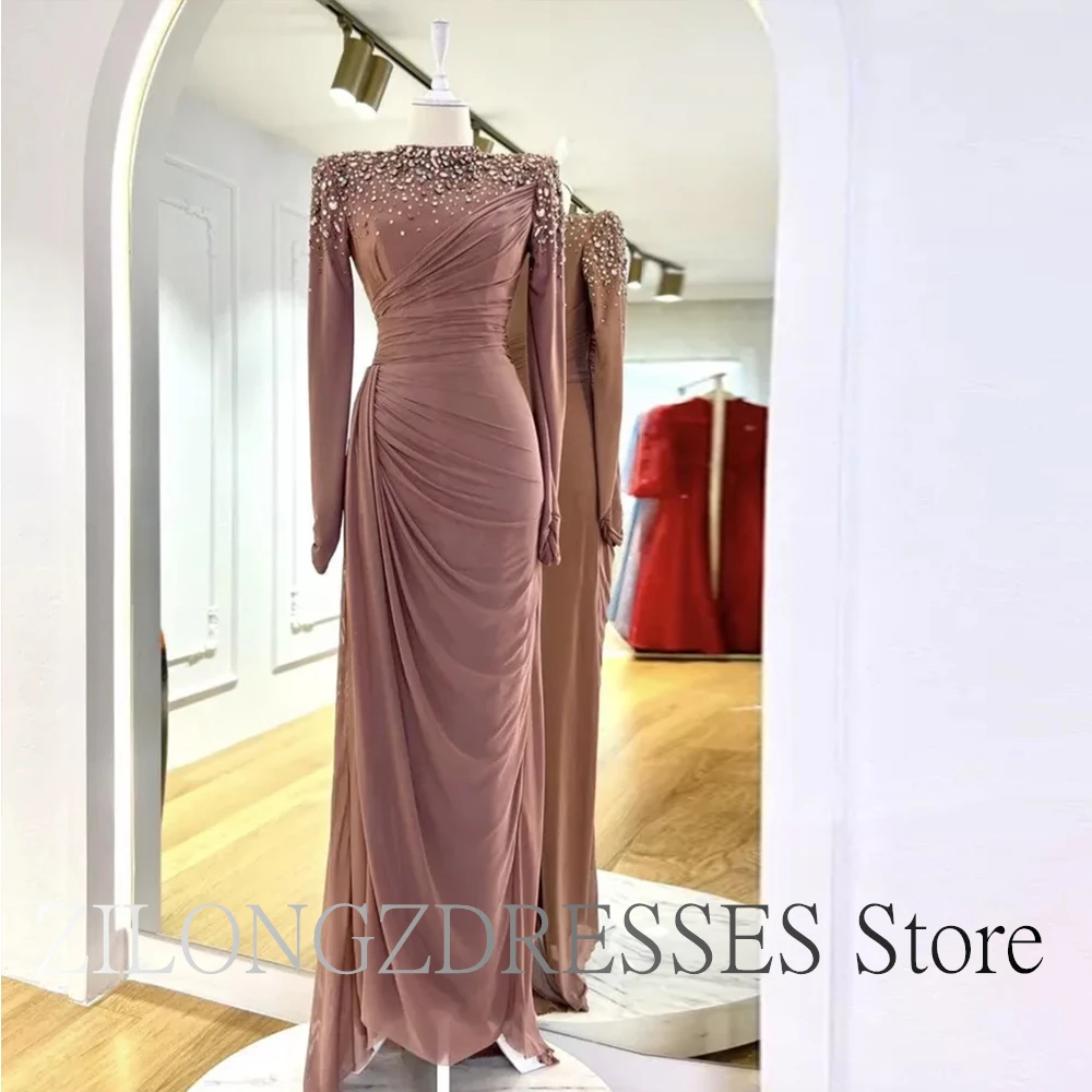 Elegant Crystal Pleats 2024 Sequined Party Dresses Woman Long Sleeve Solid Color High Collar Straight Empire Chiffon Saudi