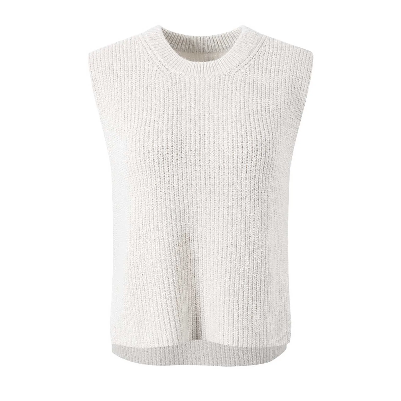 Elegant Women Knitted Vest Slit Hem White Sleeveless Sweater Casual Round Neck Knitwears Tops Pull Femme