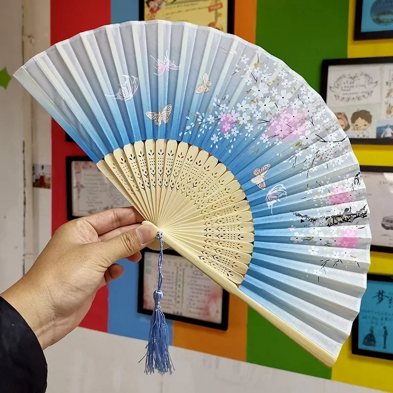 Chinese Archaic Folding Fans with Tassels Floral Decoration Fans Hollow Bamboo Rib Fan Woman Summer Handheld Fans