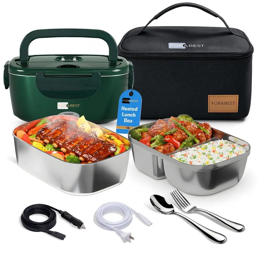 

Heated Lunch Box 80W Electric Lunch Box Portable Food Warmer with 2 Stainless Steel Containers 1.5L, Carry Bag amp Leakproof Lid