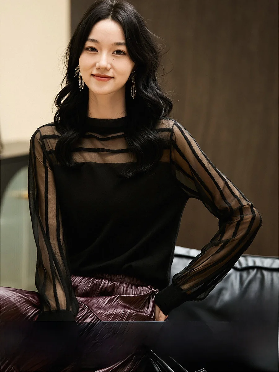 

Прозрачный вязаный свитер женский с высоким воротником из шерстяной смеси и волокна Euro Organza, дышащий, с длинными рукавами, круглый вырез, пуловер