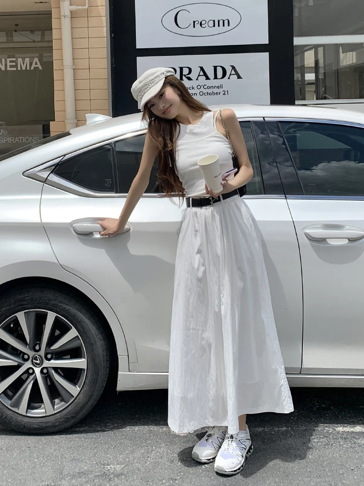 

2024 summer new style high-waisted slim white mid-length skirt feminine and versatile a-line long skirt