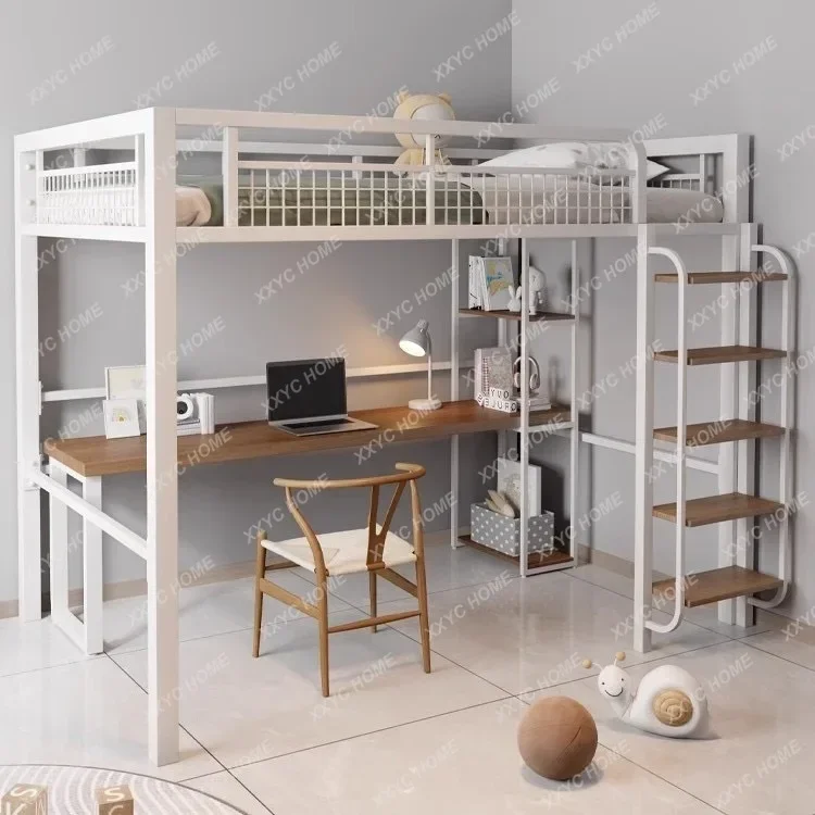HWrought iron bed, duplex, upper bed, lower table, high and low bed, staircase, attic bed
