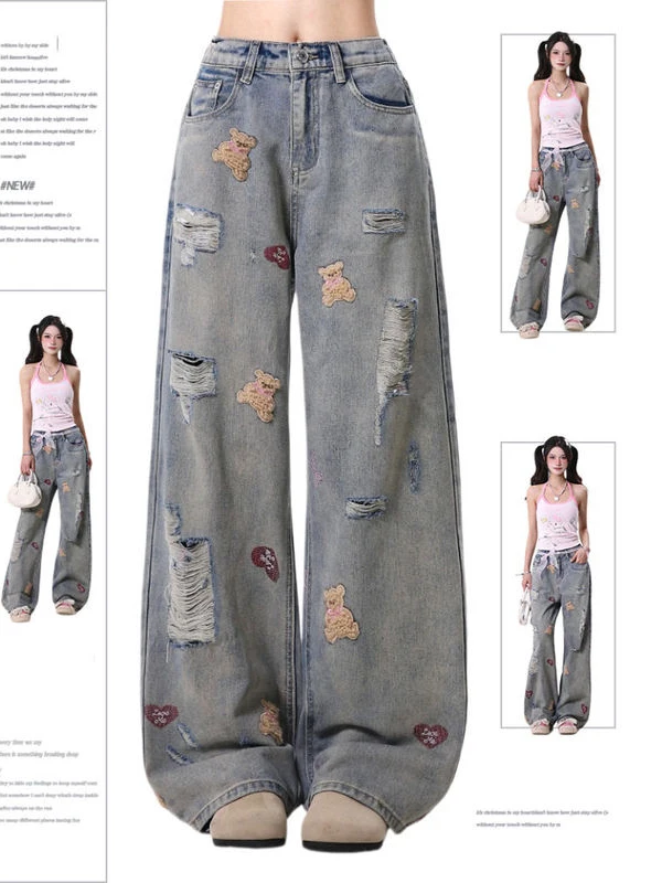 

Washed American High Street plus Size Denim Jeans Women's Retro Wide Leg Dream Pants Embroidered Bear Hole Casual Trousers