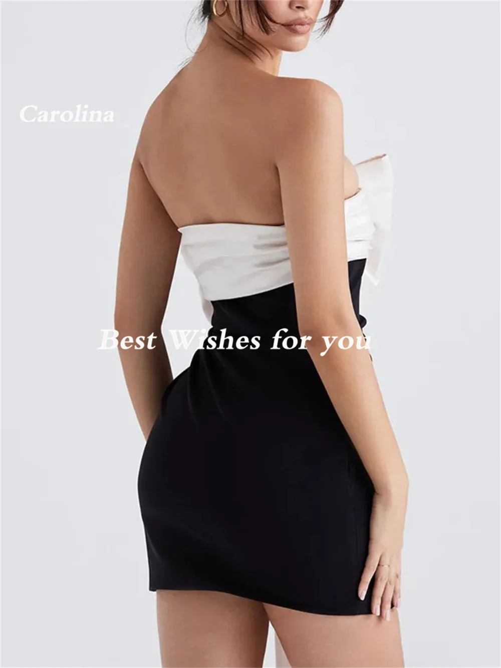 Carolina Formal Prom Dress Short Crepe Strapless Evening Dresses With Bow Sheath Black Mini Length Cocktail Party Gowns