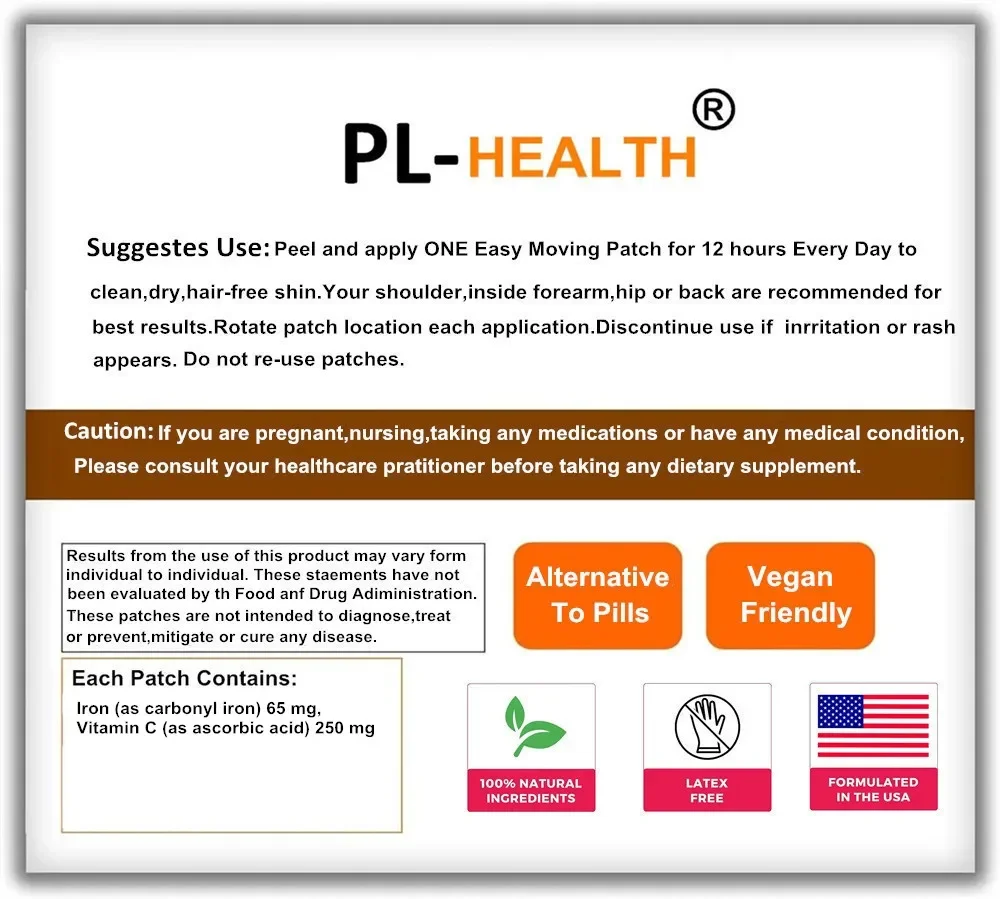 30 Patches Iron Transdermal Patches for Women and Men, with Vitamin C, Blood, Energy, Muscle & Immune System Support