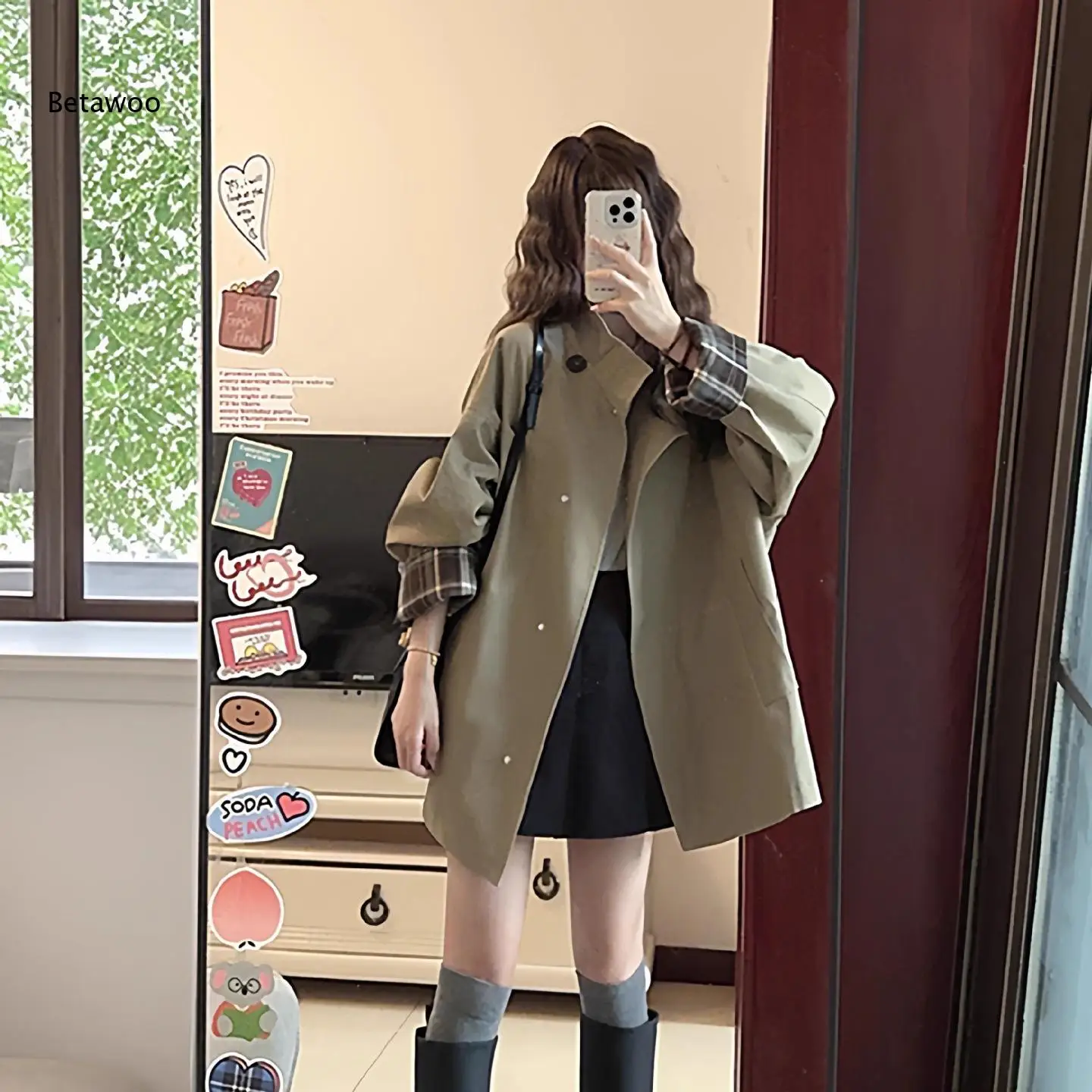 Women Oversized Stand Collar Short Trench Coat Plaid Lining Loose Casual Windbreaker Jacket for Daily and Commute