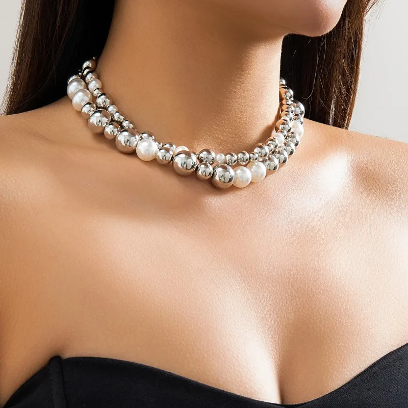 Double Layer Punk Style Ball Pearl Necklace Without Pendant Versatile Exquisite Clavicle Chain Couple Cift