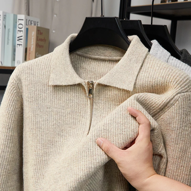 

High End Luxury Men's Lapel Half Zipper Knitted Sweater Autumn Winter New Soft Simple Pullover Sweater Business Commute Menswear