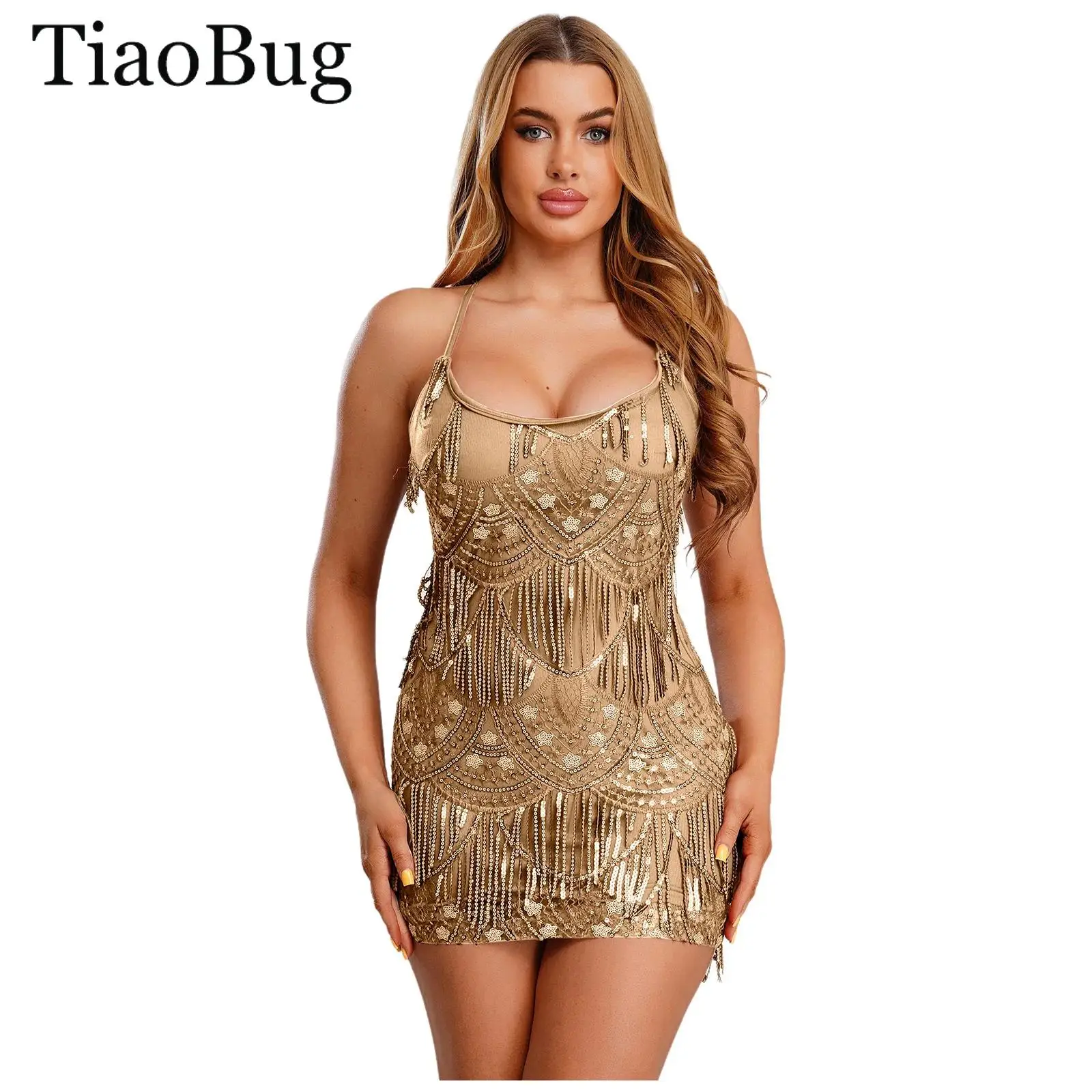 Vrouwen Omzoomd Latin Dans Jurk Lovertjes Borduren Mini Jurk Glanzende Kwastje Backless Bodycon Jurk Tango Cha-Cha Salsa