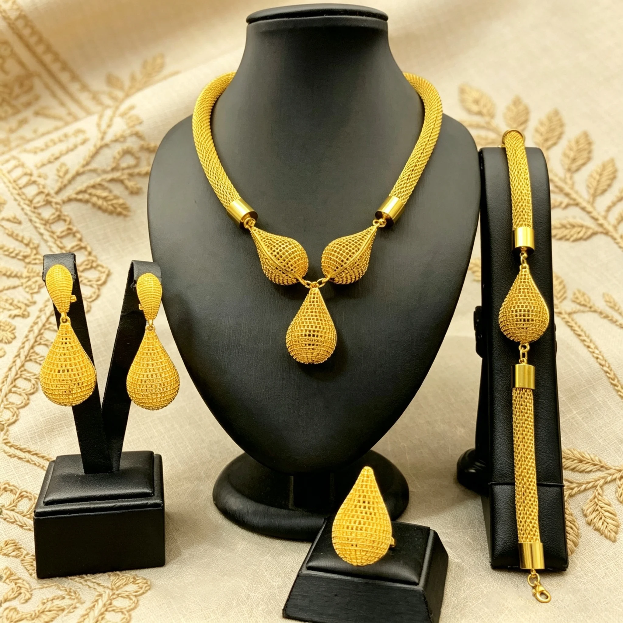Women Luxury Mesh Teardrop 5Pcs Jewelry Set Gold‑Color Hollow Necklace Earring Bracelet Ring Wedding Party Statement Jewellery