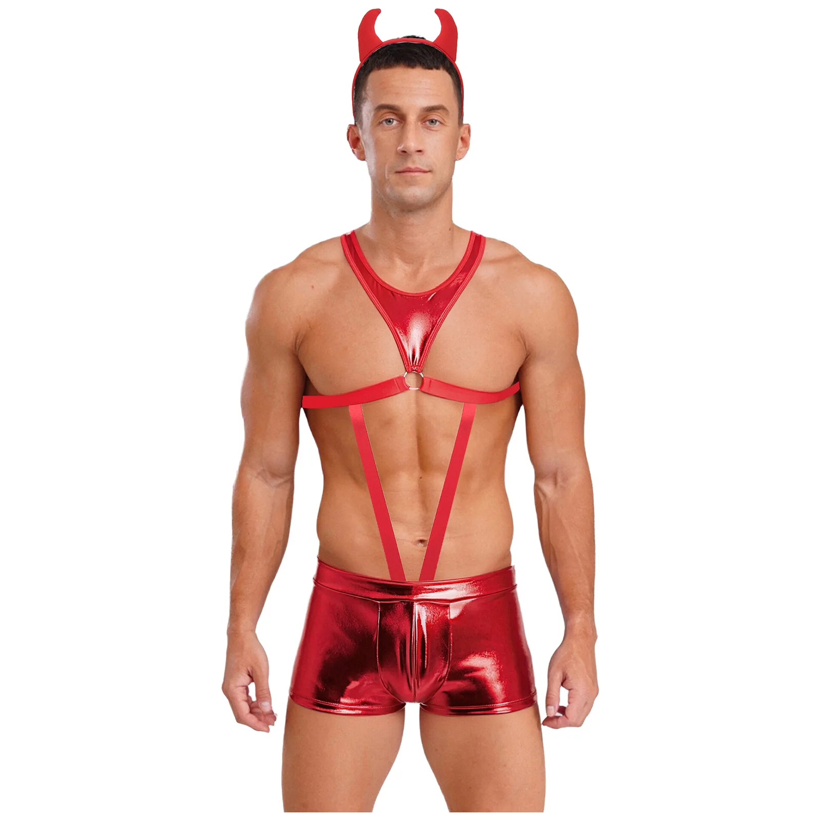 

Men Metallic Bodysuit with Devil Horn Headwear Showing Chest Muscle Boxer Shorts Mankini Bodysuit Halloween Role Play Nightwear