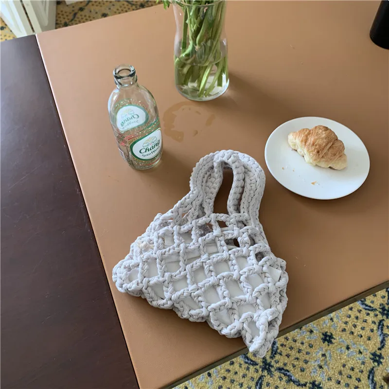 Sacos de tecido ocos artesanais para mulheres Bolsas de crochê de corda Mini bolsa de praia de tricô Bohemian Mesh Clutch Tote de pesca 2024