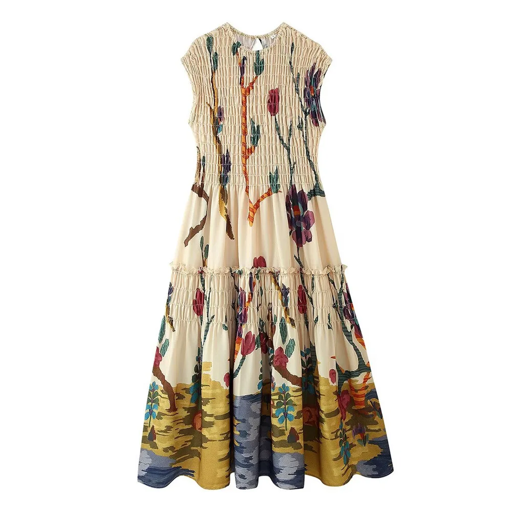 Robe longue imprimée en coton et lin froncé pour femme, coupe ajustée, élégante et polyvalente, sans manches, style décontracté MION