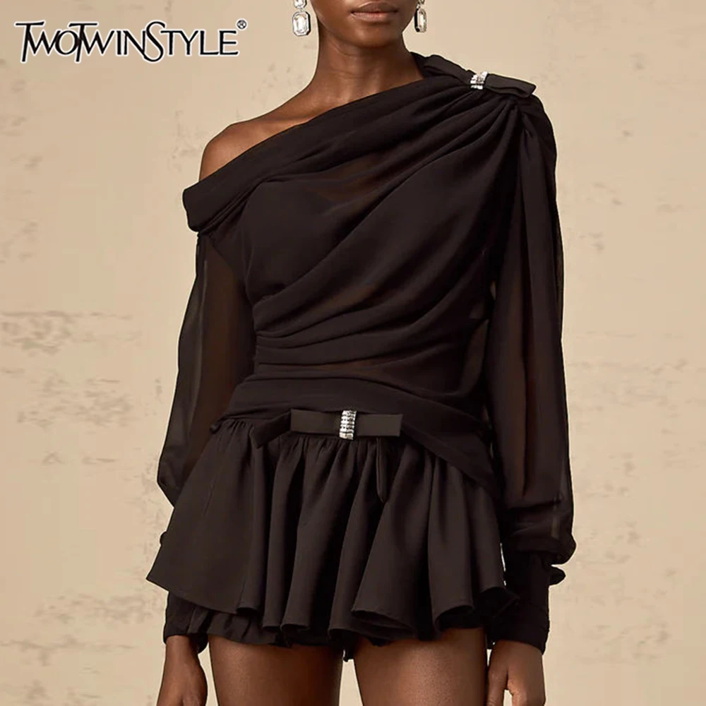 

TWOTWINSTYLE Solid Loose Two Piece Sets for Women Diagonal Neck Long Sleeves Spliced Bow Top Patchwork Ruffles Skirt Female New