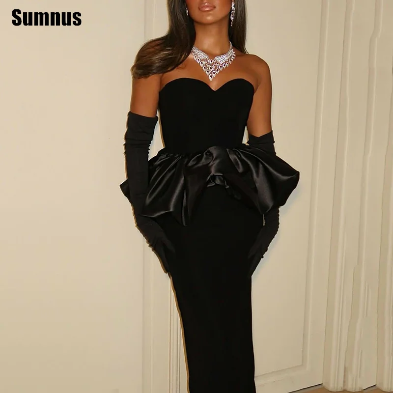 

Sumnus Simple Mermaid Prom Dresses Black Sweetheart Sleeveless Ruched Ruffle Floor Length Evening Dress vestidos Customized