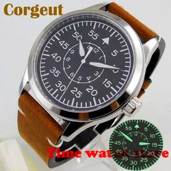 42mm Automatic Men's Watch Miyota 8215 NH35 Sapphire Glass Black Dial Leather Strap Polished Case Green Luminous