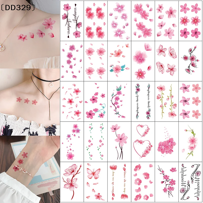 30pcs Cherry Blossom Series Sexy Tattoo Stickers Small Fresh Tattoo Stickers Dream Flowers Simulation Temporary Stickers〔DD329〕