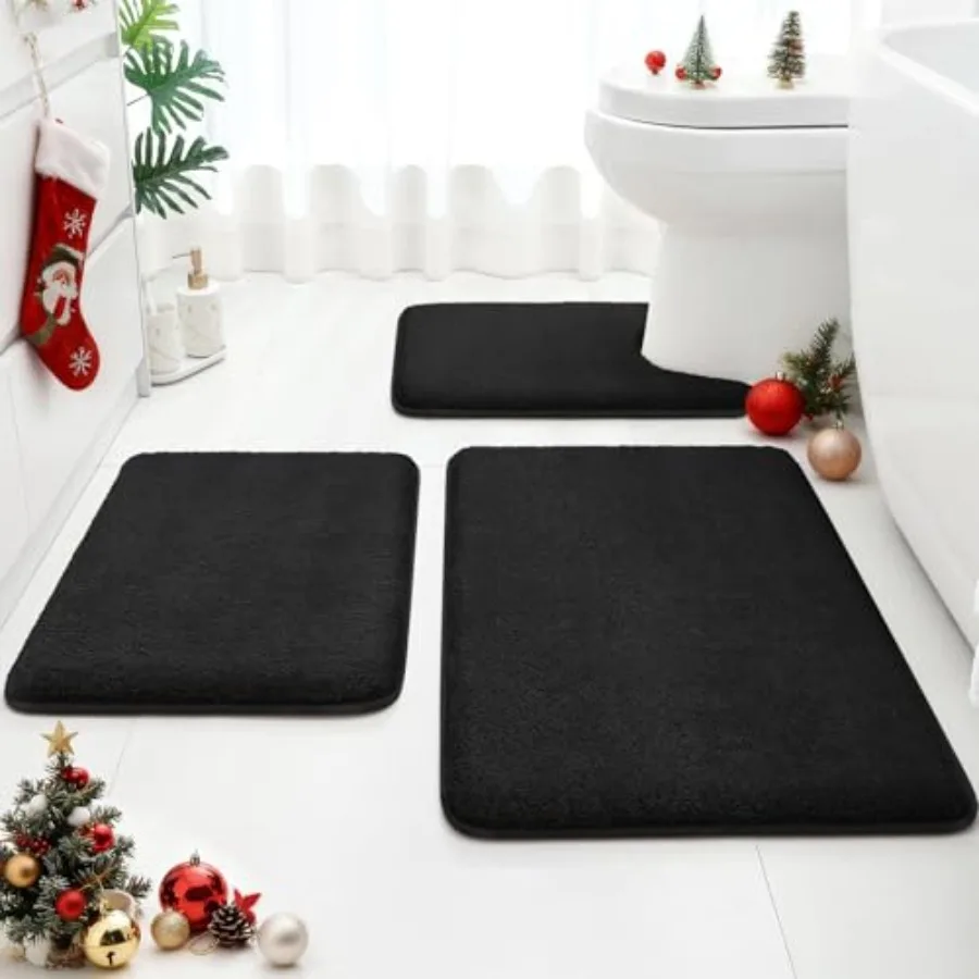 

HOMEIDEAS Upgraded Bathroom Rugs Set 3 Piece Extra Thick Absorbent Soft Memory Foam Washable Toilet Bath Mat Black