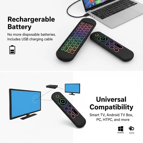 Imagen 2 del producto MRSVI Air Mouse teclado M5 inalámbrico 2,4G y Bluetooth con giroscopio retroiluminado de 7 colores Control remoto para Smart Android TV Box, PC