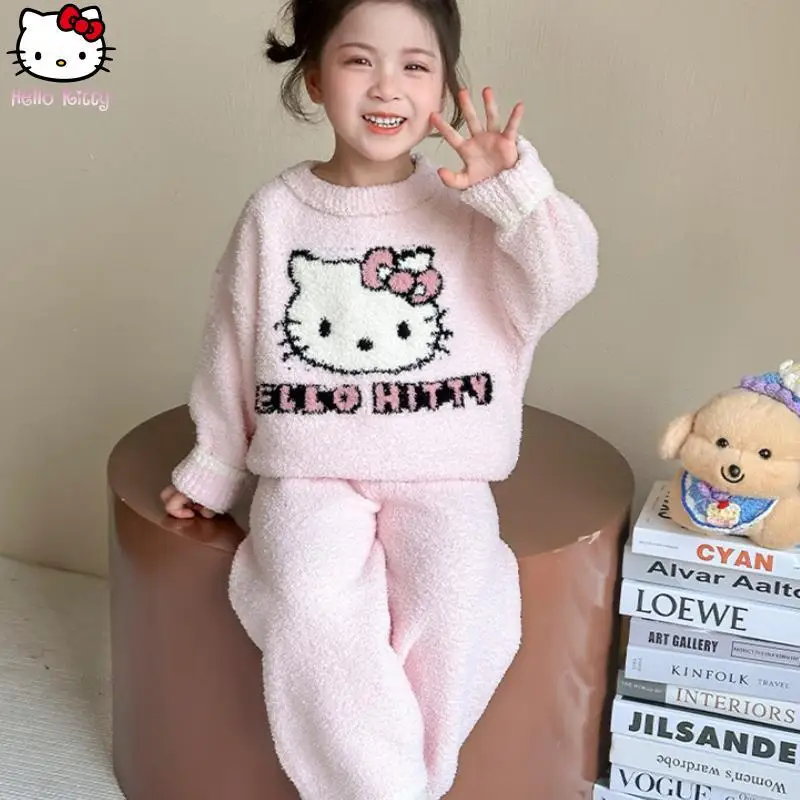 الخريف الشتاء الفتيات Kawaii هريرة الدافئة محبوك منامة مجموعة أنيمي النسخة الكورية الجديدة سميكة ملابس المنزل موضة قطعتين مجموعة