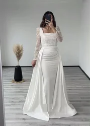 New Shiny Wedding Dresses Elegant Sequin Square Collar Long Sleeves Mermaid Satin Detachable Train Party Dress Formal Dress