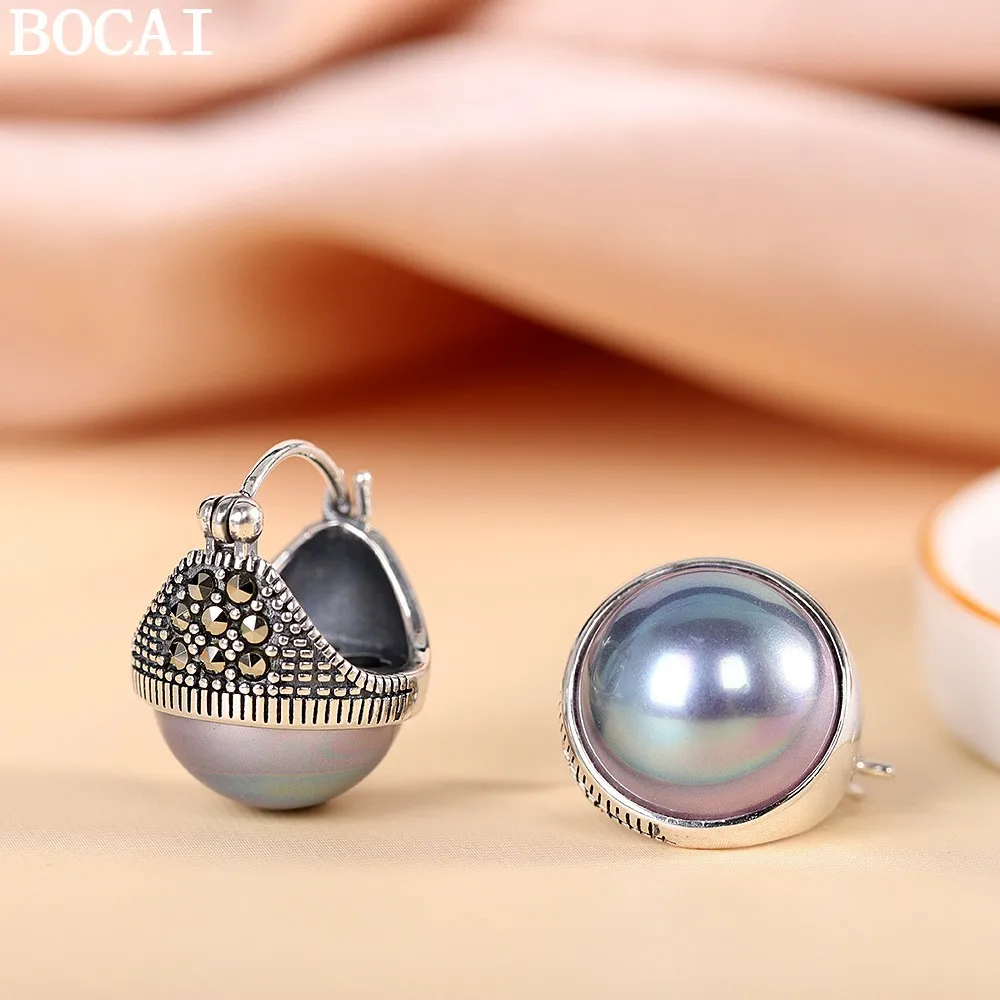 

Серебряные винтажные серьги BOCAI S925 с серыми жемчужинами, женские серьги