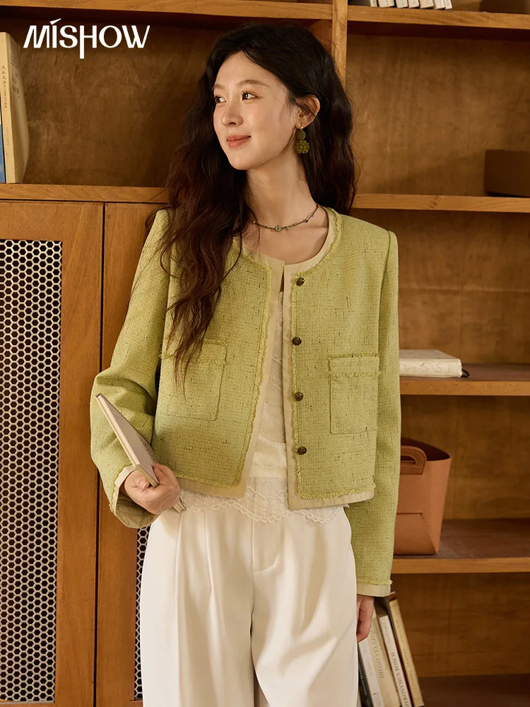 

MISHOW Green Fragrant Short Coat 2025 Autumn Korean Single Row Metal Buttons Jackets Symmetric Pocket Commuter Top MXE41W0796