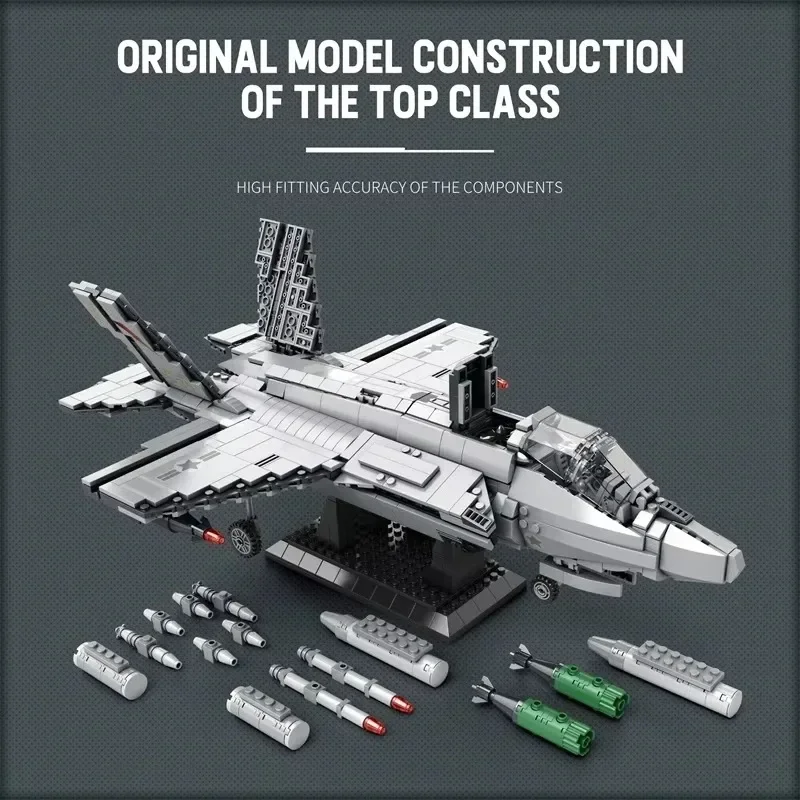Detailed STOVL Warplane Building Blocks,Stealth Fighter with Lift Fan Retractable Landing Gear Display Model Compatible Lego