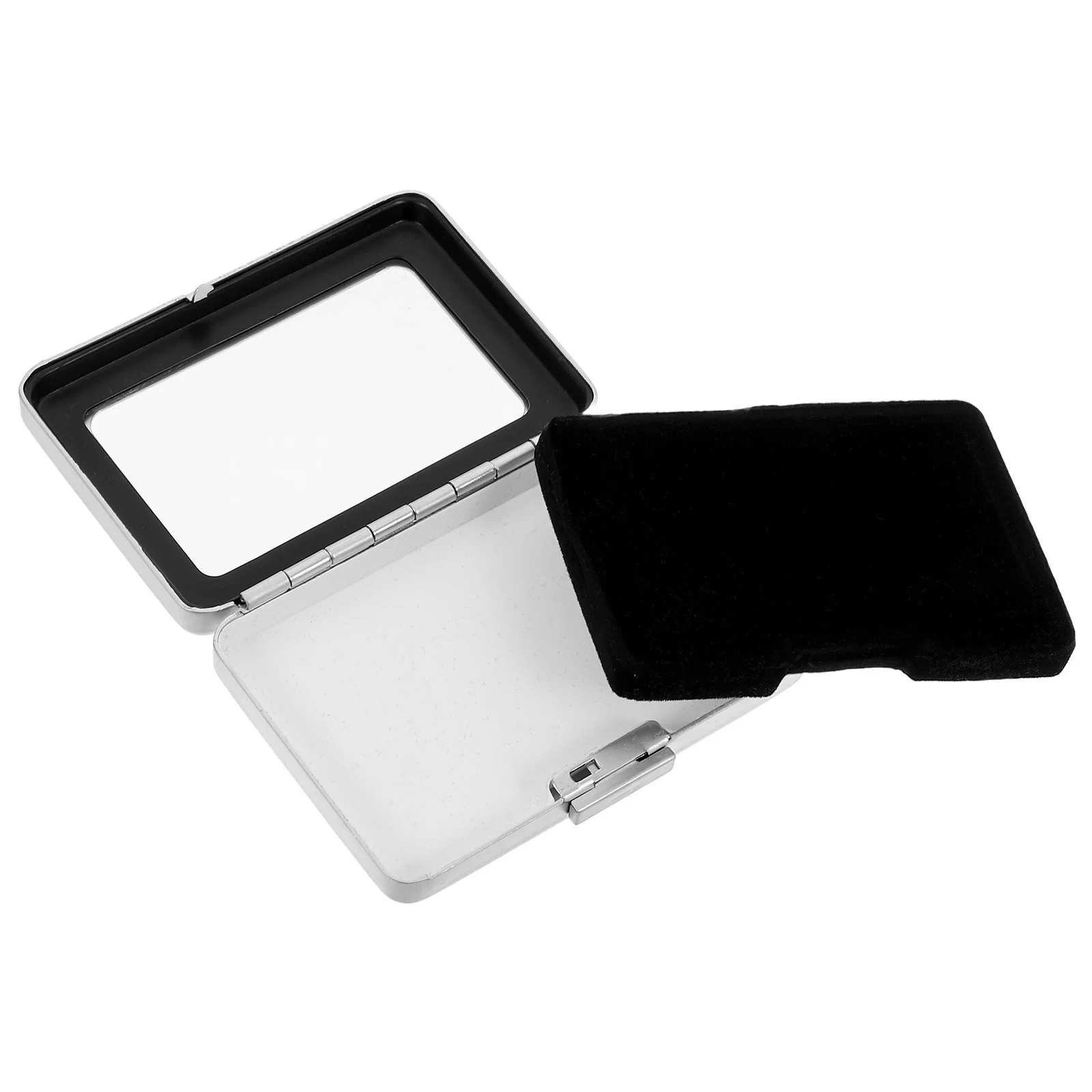 

Metal Jewelry Storage Box 8x5.5 Inch Rectangular Matte Silver Gemstone Display Case with Transparent Window Sponge Pad for Ring