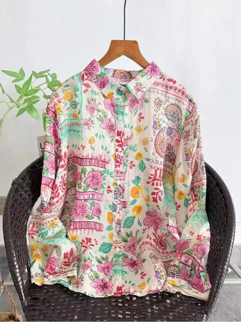2026 Vintage 100% Ramie Women's Shirt Boho Floral Paisley Print Linen Shirt Women Loose Long Sleeve Cartoon Blouse
