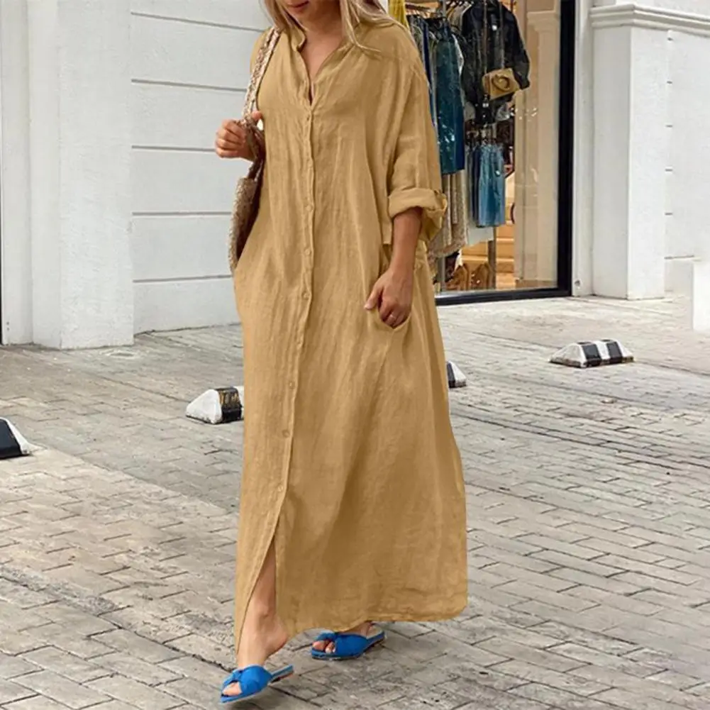 Damskie elegancka sukienka Maxi sukienka trapezowa z kieszeniami na dekolcie w szpic dla kobiet miฤkkie oddychajฤ
ce do kostek lato na wiosnฤ