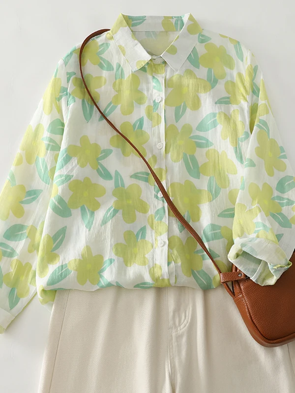 

Light een Floral Print irt Women's Quali Thin Flower Pattern Long Sve Straight Cut Button up Casual Faion Summer Top