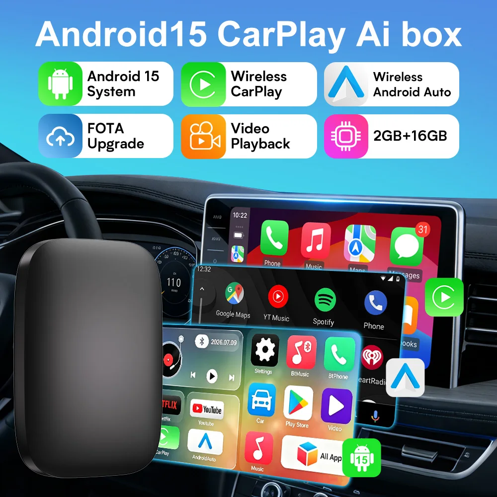 VCARLINKPLAY Android 15 Carplay Ai Box Wireless Android Auto Carplay Adapter for Netflix YouTube Ai Smart Car Systems  Gifts