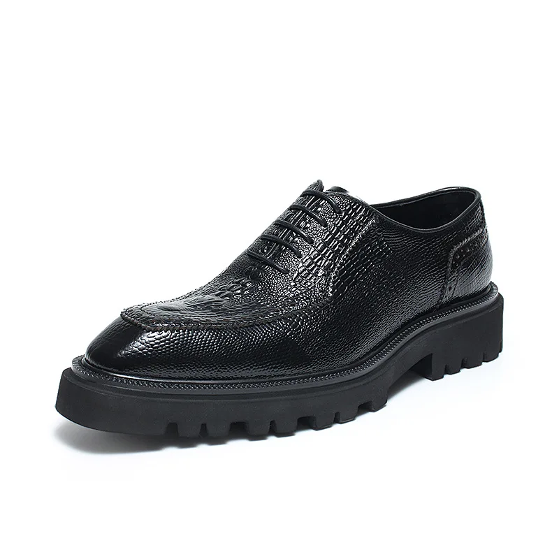 Genuine Full Grain Leather Crocodile Pattern Business Formal Shoes British Style Trendy Versatile Wedding Shoes Leather Glossy