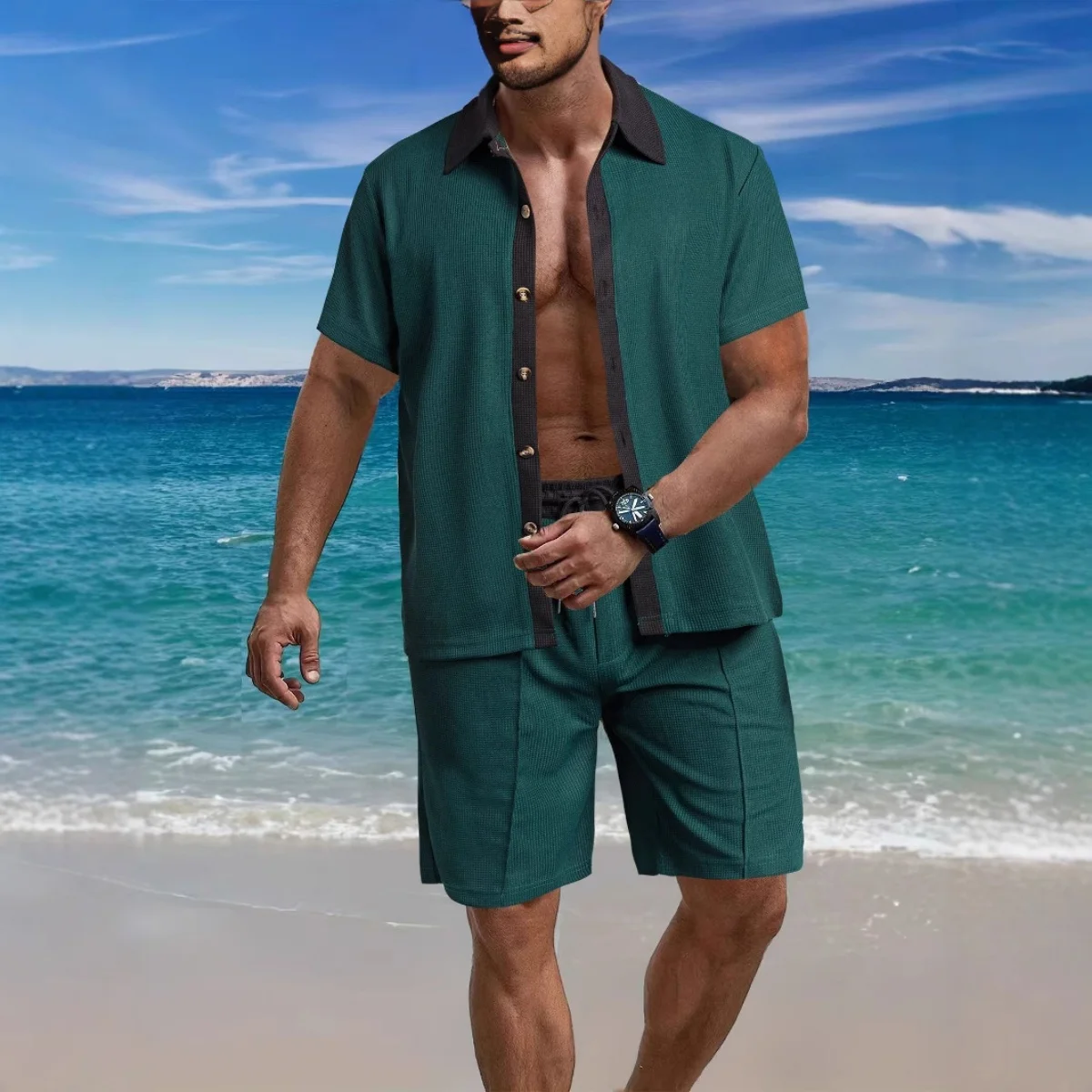 Summer men's new style beach shorts short sleeve suit, classic waffle check fashion lapel top with color button down shirt