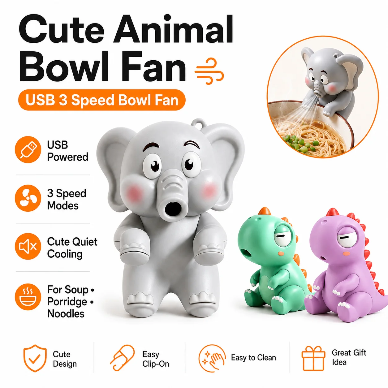 Cute Elephant Dinosaur Bowl Fan USB Mini Food Cooling Blower 3 Adjustable Speeds Hanging Design for Hot Meals Office Lunch