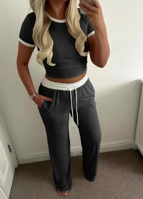 

Two Piece Set Women Outfit 2025 Summer New Solid Color Round Neck Short Sleeved Crop T-Shirt & High Waist Straight Leg Pants Set